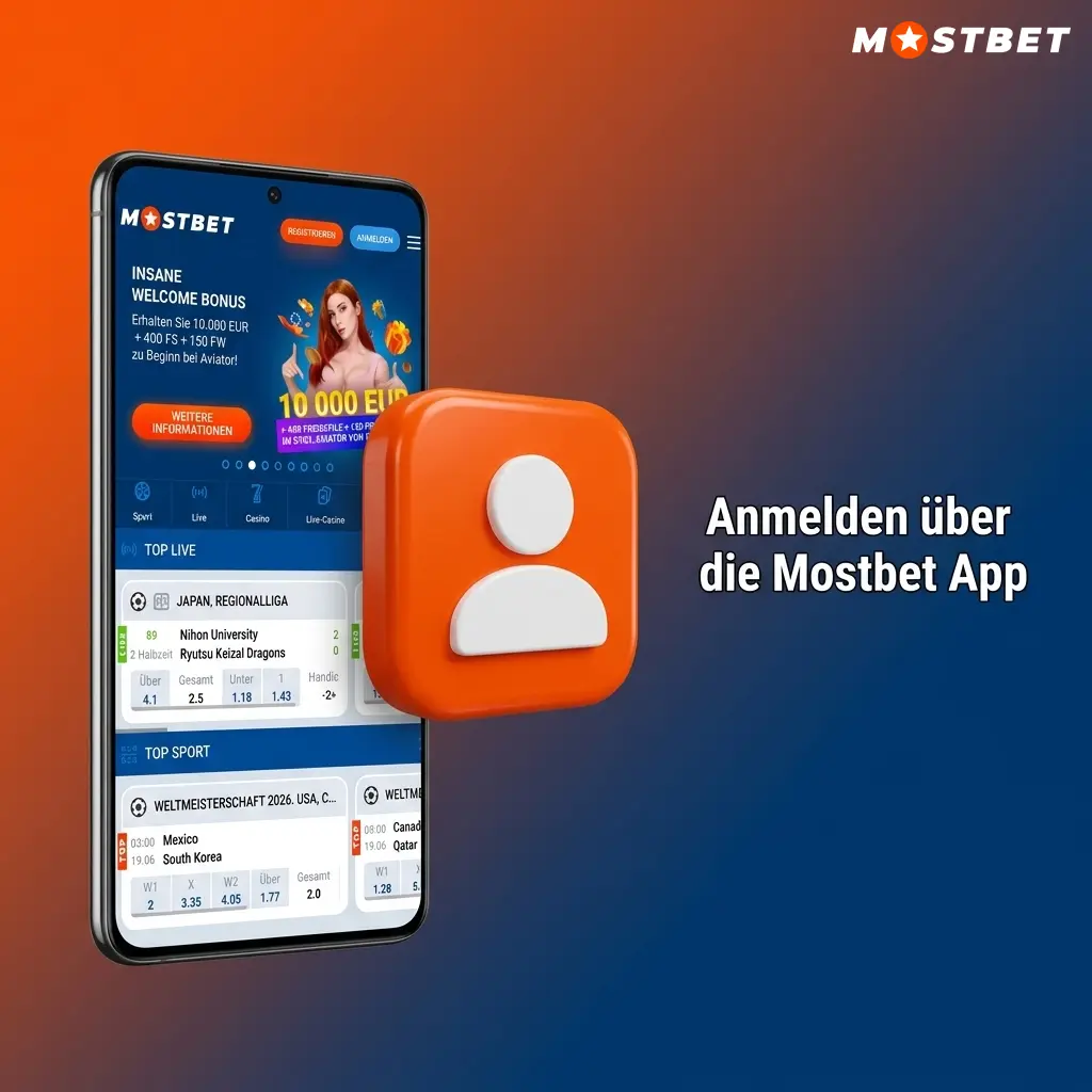 Mostbet App Anmeldevorgang auf dem Smartphone mit Login-Button und Eingabefeldern für Zugangsdaten