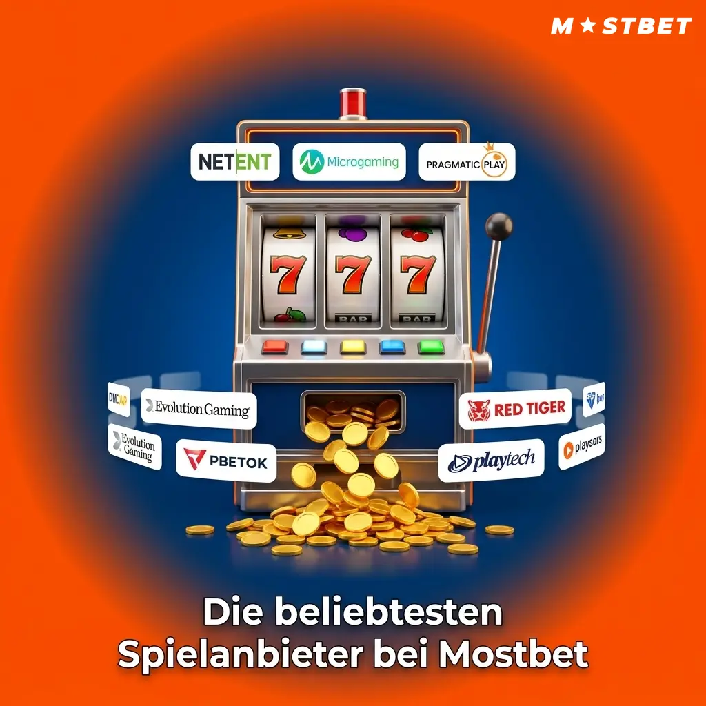 Logos der beliebtesten Spielanbieter bei Mostbet, darunter Pragmatic Play, Evolution Gaming und NetEnt