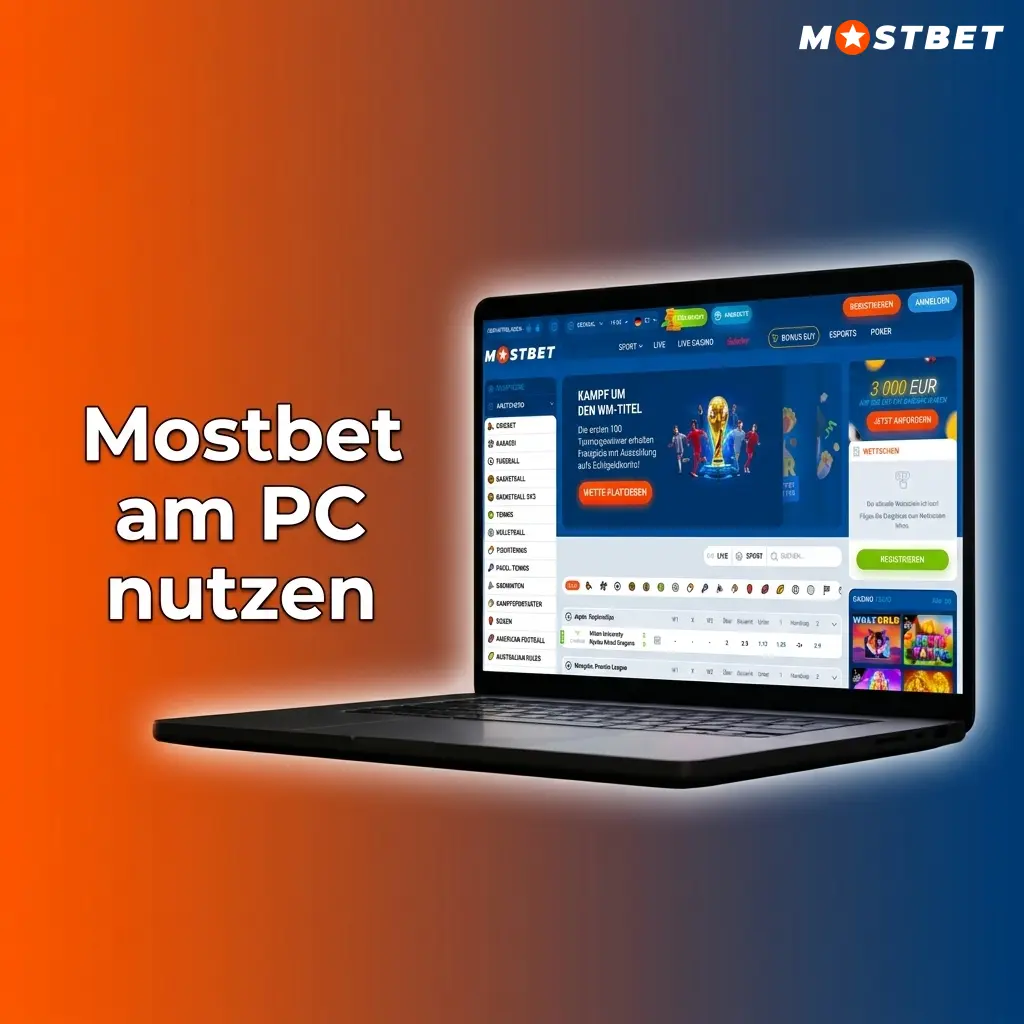 Mostbet Desktop-Website im Browser auf einem PC-Bildschirm mit Sportwetten und Casino-Navigation
