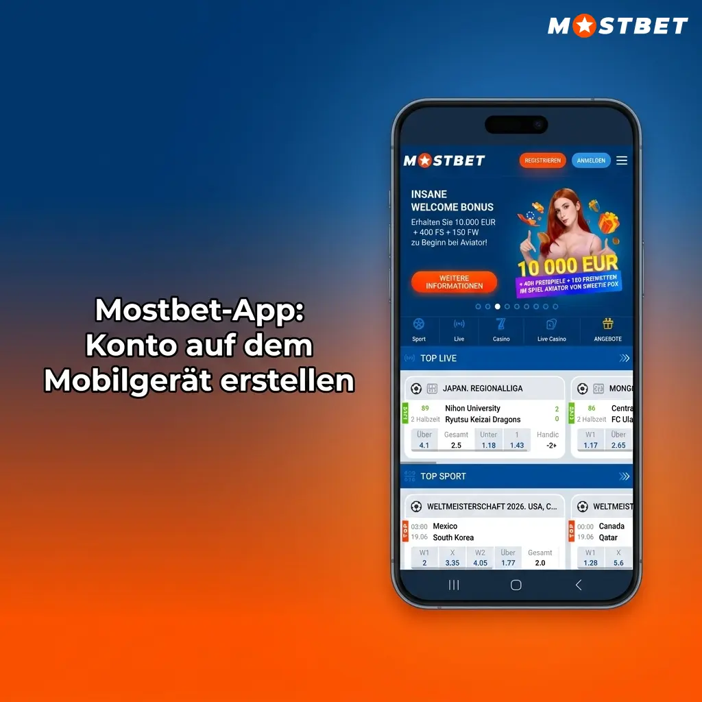 Mostbet-App auf Smartphone: Konto erstellen mit Registrierungsschaltfläche auf der Startseite