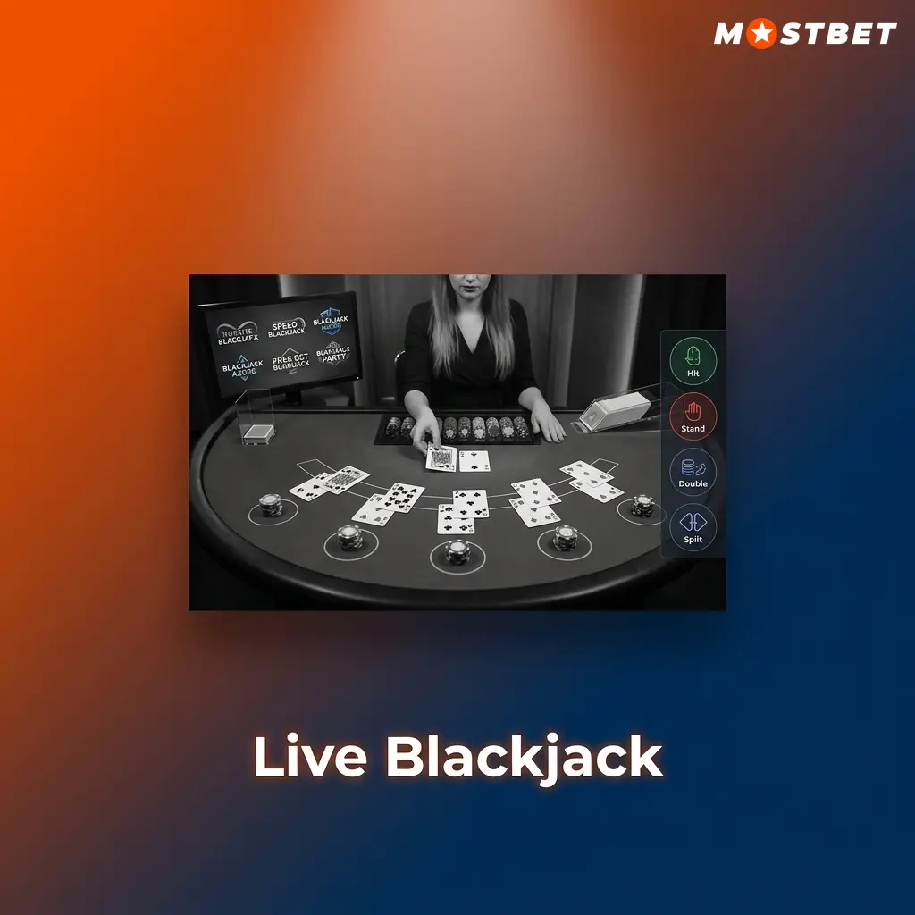 Live Blackjack Tisch mit echtem Dealer im HD-Stream bei Mostbet – Kartenspielvarianten von Evolution und Pragmatic Play